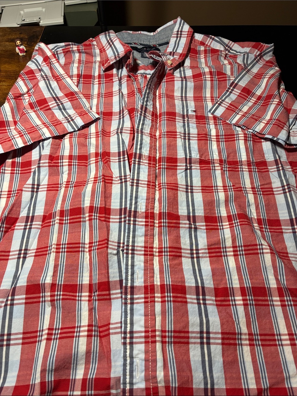 Tommy Hilfiger Red and White Plaid Short-Sleeve Button-Down Shirt